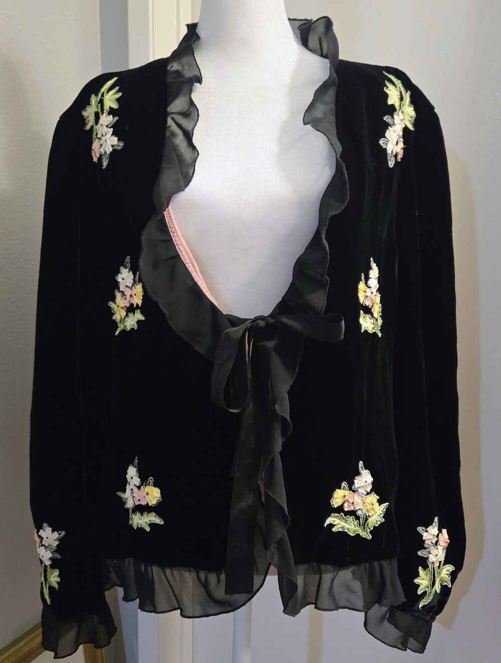 Monroe & Main Black Velvet Floral Embroidered Ribbon Tie-Front Cardigan